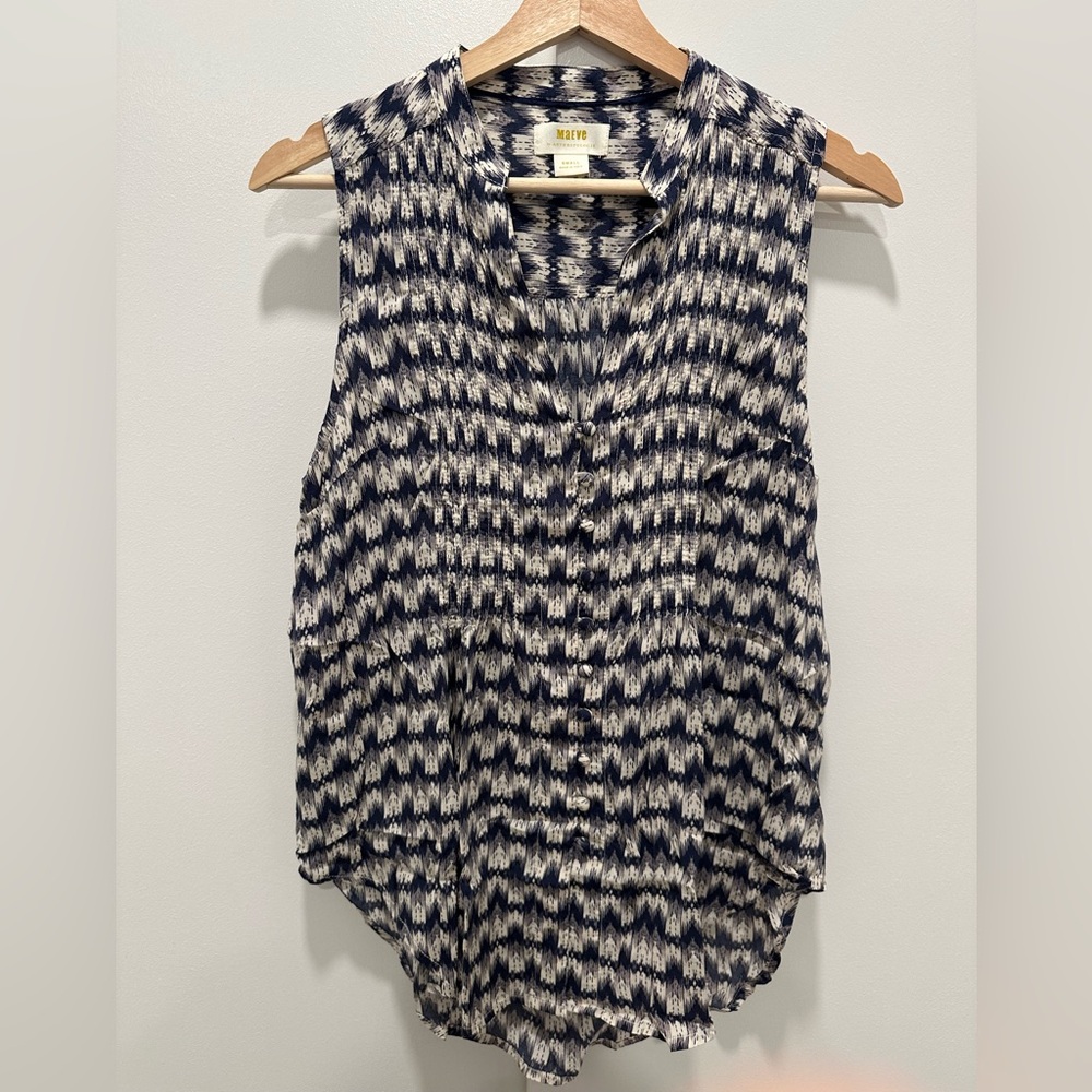 Maeve Blue and White Ikat Patterned Sleeveless Blouse